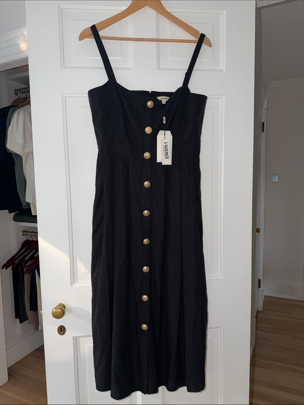 L'AGENCE Black Midi Dress with Gold Buttons